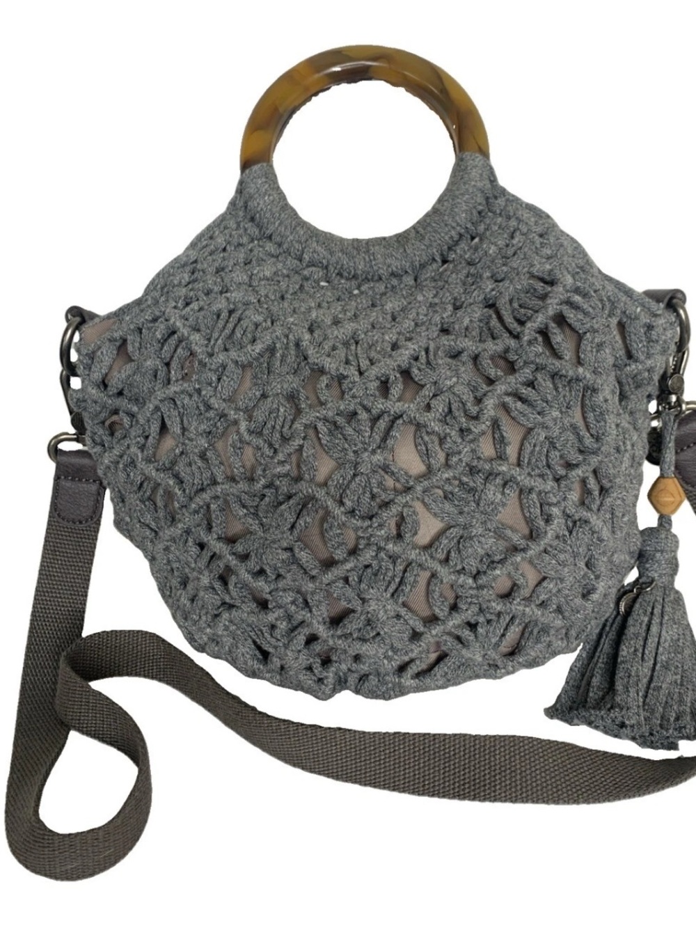 Sak Helena Crochet Circle Handle Crossbody Tortoise Shell Ring Top Handle Gray - Picture 2 of 15